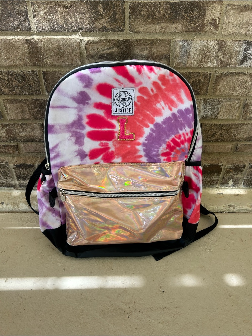 Justice Tie Dye Backpack Holographic Pocket Pink Purple Initial L School Bag